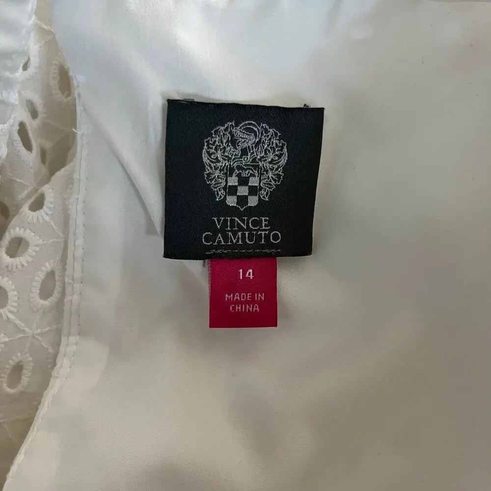Vince Camuto White Eyelet Ruffle Keyhole Back Tiered Fit & Flare Mini Dress 14/L